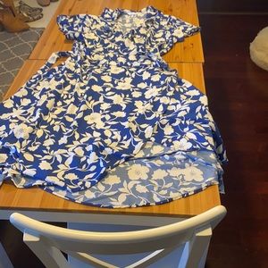 Blue and white floral wrap dress